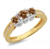 1.00 Carat (ctw) 10K Two Tone Gold Round Cut White & Champagne Diamond Ladies 3 Stone Bridal Engagement Ring 1 CT