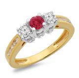 1.00 Carat (ctw) 18K Two Tone Gold Round Cut Red Ruby & White Diamond Ladies 3 Stone Bridal Engagement Ring 1 CT