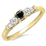 0.45 Carat (ctw) 14K Yellow Gold Round & Baguette Cut White & Black Diamond Ladies 3 Stone Engagement Bridal Ring