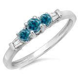 0.45 Carat (ctw) 14K White Gold Round & Baguette Cut White & Blue Diamond Ladies 3 Stone Engagement Bridal Ring