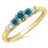 0.45 Carat (ctw) 14K Yellow Gold Round & Baguette Cut White & Blue Diamond Ladies 3 Stone Engagement Bridal Ring
