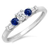0.45 Carat (ctw) 14K White Gold Round & Baguette Cut Blue Sapphire & White Diamond Ladies 3 Stone Engagement Bridal Ring
