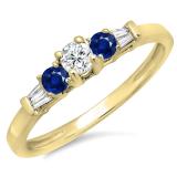 0.45 Carat (ctw) 14K Yellow Gold Round & Baguette Cut Blue Sapphire & White Diamond Ladies 3 Stone Engagement Bridal Ring