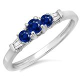 0.45 Carat (ctw) 18K White Gold Round & Baguette Cut Blue Sapphire & White Diamond Ladies 3 Stone Engagement Bridal Ring