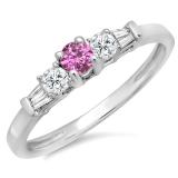 0.45 Carat (ctw) 10K White Gold Round & Baguette Cut Pink Sapphire & White Diamond Ladies 3 Stone Engagement Bridal Ring