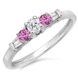 0.45 Carat (ctw) 14K White Gold Round & Baguette Cut Pink Sapphire & White Diamond Ladies 3 Stone Engagement Bridal Ring