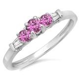0.45 Carat (ctw) 10K White Gold Round & Baguette Cut Pink Sapphire & White Diamond Ladies 3 Stone Engagement Bridal Ring