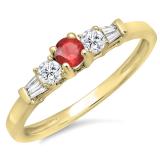 0.45 Carat (ctw) 14K Yellow Gold Round & Baguette Cut Red Ruby & White Diamond Ladies 3 Stone Engagement Bridal Ring