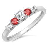 0.45 Carat (ctw) 14K White Gold Round & Baguette Cut Red Ruby & White Diamond Ladies 3 Stone Engagement Bridal Ring