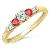 0.45 Carat (ctw) 14K Yellow Gold Round & Baguette Cut Red Ruby & White Diamond Ladies 3 Stone Engagement Bridal Ring