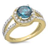 2.33 Carat (ctw) 14K Yellow Gold Round Blue & White Diamond Ladies Bridal Split Shank Halo Style Engagement Ring