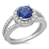 2.33 Carat (ctw) 10K White Gold Round Blue Sapphire & White Diamond Ladies Bridal Split Shank Halo Style Engagement Ring