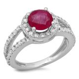 2.33 Carat (ctw) 18K White Gold Round Red Ruby & White Diamond Ladies Bridal Split Shank Halo Style Engagement Ring
