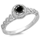 0.55 Carat (ctw) 14K White Gold Round Cut White & Black Diamond Ladies Bridal Vintage & Antique Milgrain Halo Style Engagement Ring 1/2 CT
