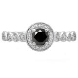 0.55 Carat (ctw) 14K White Gold Round Cut White & Black Diamond Ladies Bridal Vintage & Antique Milgrain Halo Style Engagement Ring 1/2 CT