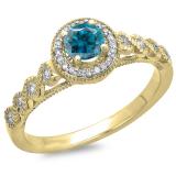 0.55 Carat (ctw) 10K Yellow Gold Round Cut White & Blue Diamond Ladies Bridal Vintage & Antique Milgrain Halo Style Engagement Ring 1/2 CT