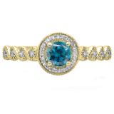 0.55 Carat (ctw) 10K Yellow Gold Round Cut White & Blue Diamond Ladies Bridal Vintage & Antique Milgrain Halo Style Engagement Ring 1/2 CT