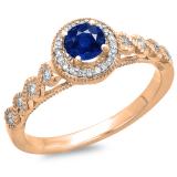 0.55 Carat (ctw) 10K Rose Gold Round Cut Blue Sapphire & White Diamond Ladies Bridal Vintage & Antique Milgrain Halo Style Engagement Ring 1/2 CT