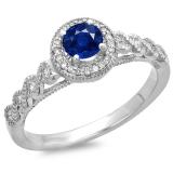 0.55 Carat (ctw) 10K White Gold Round Cut Blue Sapphire & White Diamond Ladies Bridal Vintage & Antique Milgrain Halo Style Engagement Ring 1/2 CT