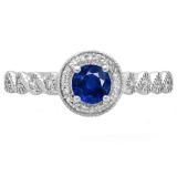0.55 Carat (ctw) 14K White Gold Round Cut Blue Sapphire & White Diamond Ladies Bridal Vintage & Antique Milgrain Halo Style Engagement Ring 1/2 CT