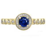 0.55 Carat (ctw) 18K Yellow Gold Round Cut Blue Sapphire & White Diamond Ladies Bridal Vintage & Antique Milgrain Halo Style Engagement Ring 1/2 CT
