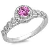 0.55 Carat (ctw) 14K White Gold Round Cut Pink Sapphire & White Diamond Ladies Bridal Vintage & Antique Milgrain Halo Style Engagement Ring 1/2 CT