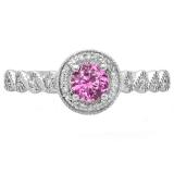 0.55 Carat (ctw) 14K White Gold Round Cut Pink Sapphire & White Diamond Ladies Bridal Vintage & Antique Milgrain Halo Style Engagement Ring 1/2 CT