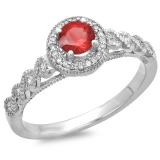 0.55 Carat (ctw) 14K White Gold Round Cut Ruby & White Diamond Ladies Bridal Vintage & Antique Milgrain Halo Style Engagement Ring 1/2 CT