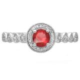 0.55 Carat (ctw) 14K White Gold Round Cut Ruby & White Diamond Ladies Bridal Vintage & Antique Milgrain Halo Style Engagement Ring 1/2 CT