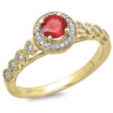 0.55 Carat (ctw) 18K Yellow Gold Round Cut Red Ruby & White Diamond Ladies Bridal Vintage & Antique Milgrain Halo Style Engagement Ring 1/2 CT