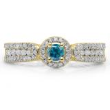 0.80 Carat (ctw) 14K Yellow Gold Round Cut White & Blue Diamond Ladies Bridal Vintage Halo Style Engagement Ring 3/4 CT