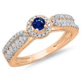 0.80 Carat (ctw) 14K Rose Gold Round Cut Blue Sapphire & White Diamond Ladies Bridal Vintage Halo Style Engagement Ring 3/4 CT