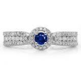 0.80 Carat (ctw) 14K White Gold Round Cut Blue Sapphire & White Diamond Ladies Bridal Vintage Halo Style Engagement Ring 3/4 CT