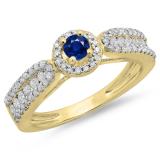 0.80 Carat (ctw) 14K Yellow Gold Round Cut Blue Sapphire & White Diamond Ladies Bridal Vintage Halo Style Engagement Ring 3/4 CT
