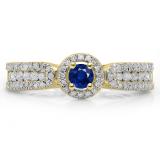 0.80 Carat (ctw) 14K Yellow Gold Round Cut Blue Sapphire & White Diamond Ladies Bridal Vintage Halo Style Engagement Ring 3/4 CT