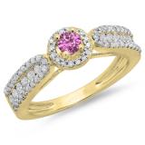 0.80 Carat (ctw) 14K Yellow Gold Round Cut Pink Sapphire & White Diamond Ladies Bridal Vintage Halo Style Engagement Ring 3/4 CT