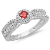 0.80 Carat (ctw) 14K White Gold Round Cut Red Ruby & White Diamond Ladies Bridal Vintage Halo Style Engagement Ring 3/4 CT