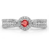 0.80 Carat (ctw) 14K White Gold Round Cut Red Ruby & White Diamond Ladies Bridal Vintage Halo Style Engagement Ring 3/4 CT