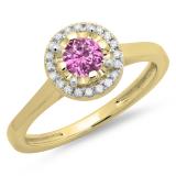 0.50 Carat (ctw) 14K Yellow Gold Round Pink Sapphire & White Diamond Ladies Bridal Halo Style Engagement Ring 1/2 CT