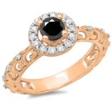 0.80 Carat (ctw) 18K Rose Gold Round Cut Black & White Diamond Ladies Bridal Vintage Halo Style Engagement Ring 3/4 CT