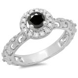 0.80 Carat (ctw) 18K White Gold Round Cut Black & White Diamond Ladies Bridal Vintage Halo Style Engagement Ring 3/4 CT