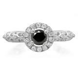 0.80 Carat (ctw) 18K White Gold Round Cut Black & White Diamond Ladies Bridal Vintage Halo Style Engagement Ring 3/4 CT