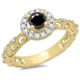 0.80 Carat (ctw) 18K Yellow Gold Round Cut Black & White Diamond Ladies Bridal Vintage Halo Style Engagement Ring 3/4 CT