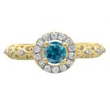 0.80 Carat (ctw) 14K Yellow Gold Round Cut Blue & White Diamond Ladies Bridal Vintage Halo Style Engagement Ring 3/4 CT