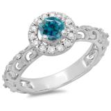 0.80 Carat (ctw) 18K White Gold Round Cut Blue & White Diamond Ladies Bridal Vintage Halo Style Engagement Ring 3/4 CT