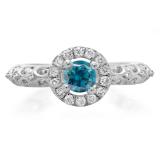 0.80 Carat (ctw) 18K White Gold Round Cut Blue & White Diamond Ladies Bridal Vintage Halo Style Engagement Ring 3/4 CT