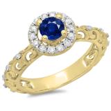 0.80 Carat (ctw) 10K Yellow Gold Round Cut Blue Sapphire & White Diamond Ladies Bridal Vintage Halo Style Engagement Ring 3/4 CT