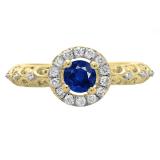 0.80 Carat (ctw) 10K Yellow Gold Round Cut Blue Sapphire & White Diamond Ladies Bridal Vintage Halo Style Engagement Ring 3/4 CT