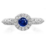 0.80 Carat (ctw) 18K White Gold Round Cut Blue Sapphire & White Diamond Ladies Bridal Vintage Halo Style Engagement Ring 3/4 CT
