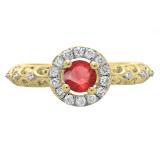 0.80 Carat (ctw) 10K Yellow Gold Round Cut Red Ruby & White Diamond Ladies Bridal Vintage Halo Style Engagement Ring 3/4 CT